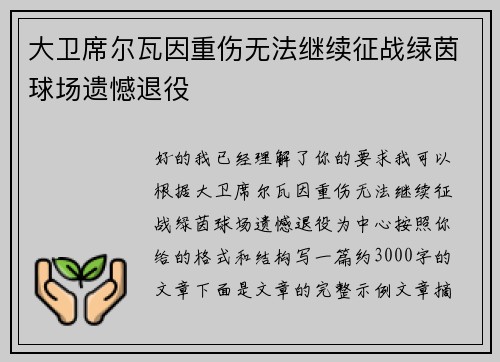 大卫席尔瓦因重伤无法继续征战绿茵球场遗憾退役