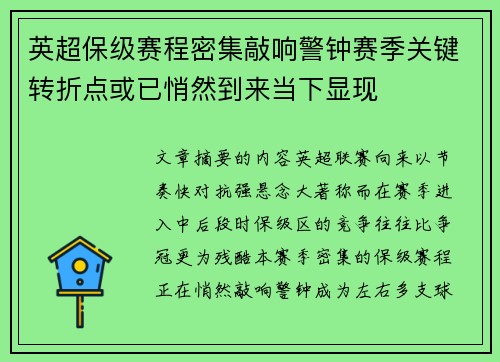 英超保级赛程密集敲响警钟赛季关键转折点或已悄然到来当下显现 英超保级赛程密集敲响警钟赛季关键转折点或已悄然到来当下显现
