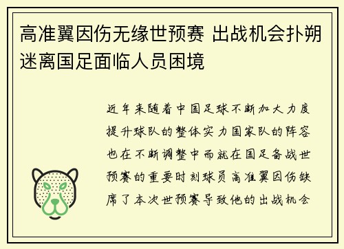 高准翼因伤无缘世预赛 出战机会扑朔迷离国足面临人员困境 高准翼因伤无缘世预赛 出战机会扑朔迷离国足面临人员困境